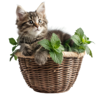 chaton dans une osier panier avec herbe à chat feuilles png