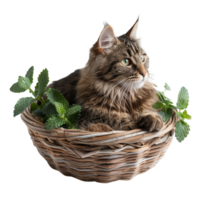 Tabby Cat in Wicker Basket with Catnip png