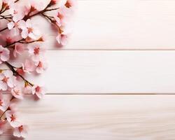 Spring flatlay with sakura blossom branches on light wooden background, top view photo