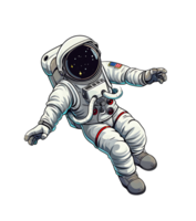 Detailed cartoon astronaut floating in zero gravity, helmet reflecting the vastness of space and stars png