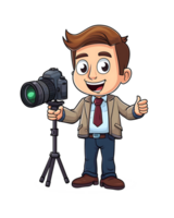 Digital illustration of a male journalist with a camera on a tripod, poised for reporting png