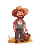 Cheerful farmer in a wide-brimmed hat holding a basket full of fresh vegetables, standing in a grassy field png