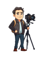 Digital illustration of a male journalist with a camera on a tripod, poised for reporting png