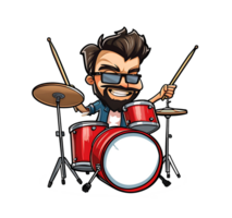 Energetic rock drummer in mid-performance, passionately playing a drum set in a dynamic pose png