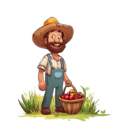 Cheerful farmer in a wide-brimmed hat holding a basket full of fresh vegetables, standing in a grassy field png