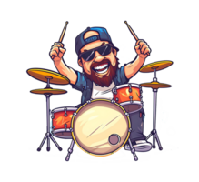 Energetic rock drummer in mid-performance, passionately playing a drum set in a dynamic pose png