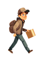 animado mensajero en movimiento, que lleva un paquete y vistiendo un gorra, con un mochila terminado su hombro png