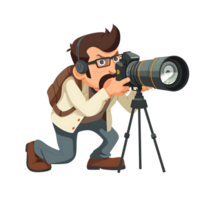 Digital illustration of a male journalist with a camera on a tripod, poised for reporting png