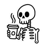 Skeleton drinking coffee holding takeaway cup caffeine lover sketch drawing illustration black ink line art outline dark academia aesthetic funny caffeinated tired student transparent background png