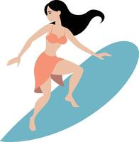 ilustración de un niña en un traje de baño surf en un tabla de surf vector