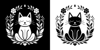 Cat meditating lotus position round floral frame yoga and meditation lover logo badge sticker concept black and white minimalist illustration for mindfulness self care practice cut file vector