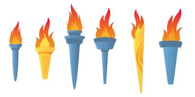 Colorful Flaming Torches, flat illustration isolated on white background. Symbols of relay race, competition victory, champion or winner. vector