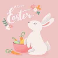 Cute white bunny character admiring the Easter eggs. Colorful flat illustration. Cartoon character rabbit easter concept for print, t-shirt, design, sticker and decorating vector