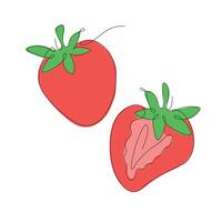 Strawberries in continuous line art drawing style. Half strawberry and whole strawberry minimalist black linear sketch with colored spots isolated on white background. illustration vector