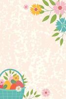 Banner template for Easter holiday. Greeting card, poster or banner with flowers, basket with easter eggs in pastel colors with texture on background. Flat illustration. vector
