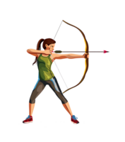 Focused female archer in action pose with bow and arrow on transparent background png