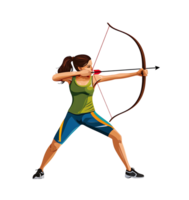 Focused female archer in action pose with bow and arrow on transparent background png