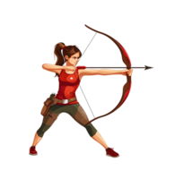 Focused female archer in action pose with bow and arrow on transparent background png