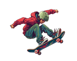 cartoon illustration of a skateboarder in sunglasses and hat on transparent background png