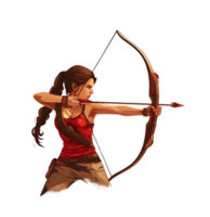 enfocado hembra arquero en acción actitud con arco y flecha en transparente antecedentes png