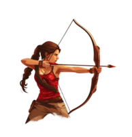 Focused female archer in action pose with bow and arrow on transparent background png