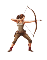 Focused female archer in action pose with bow and arrow on transparent background png