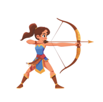 Focused female archer in action pose with bow and arrow on transparent background png