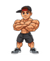 A muscular cartoon fitness trainer in gym attire and a cap, showcasing strength and health png
