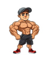 A muscular cartoon fitness trainer in gym attire and a cap, showcasing strength and health png