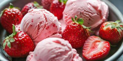 Close up of strawberry ice cream scoops in a bowl with fresh strawberries, perfect for summer treats or dessert concepts photo
