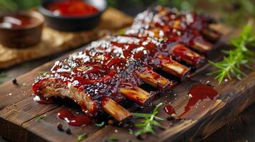 Succulent BBQ pork ribs glazed with a glossy sauce on a wooden board, garnished with herbs, ideal for summer cookouts and Independence Day celebrations photo