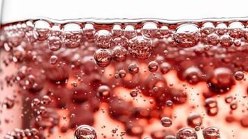 Close up of wine bubbles in a glass, macro shot, isolated on white background photo