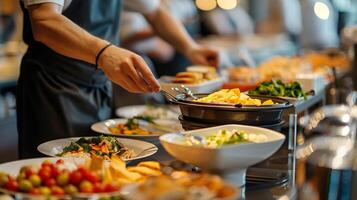 Person serving a variety of colorful dishes at a buffet, ideal for concepts like catering, hospitality, and events such as weddings or conferences photo