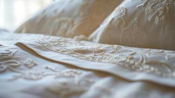 elegante blanco bordado cama lino con delicado patrones, adecuado para Boda registros y lujo hogar decoración temas foto