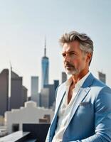 Mature Caucasian man in stylish blue suit with city skyline backdrop, exuding confidence and sophistication, ideal for business and fashion themes photo