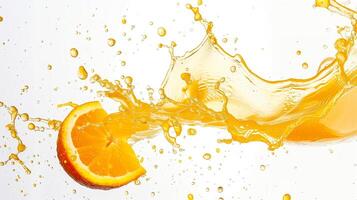 An artistic splash of orange juice with a single, perfect slice of orange frozen in mid-air, set against a stark white background for high contrast photo