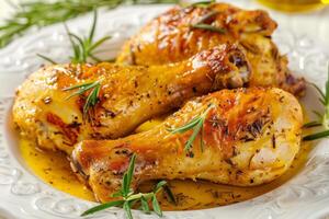 Juicy roasted chicken drumsticks garnished with fresh rosemary on a white plate, perfect for festive holiday meals and family dinners photo