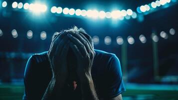 Despondent athlete covering face with hands under stadium lights, symbolizing defeat and frustration, suitable for illustrating emotions related to sports events and competitions photo