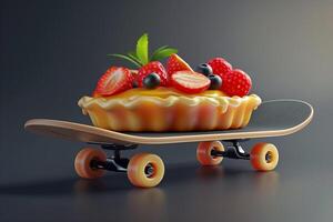 Creative concept of a fresh fruit tart on a skateboard, symbolizing speed in dessert delivery, ideal for food advertising and unconventional culinary presentations photo