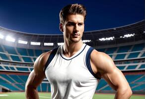 Confident male athlete with muscular build posing in a sports tank top at an empty stadium, concept for fitness and sports events photo