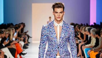Stylish Caucasian male model strutting on fashion show runway in patterned blazer, related to Fashion Week and modern mens clothing trends photo