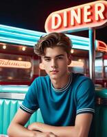 Stylish young Caucasian male with a modern hairstyle sitting confidently at a retro diner booth, evoking vintage Americana and nostalgic diner culture photo