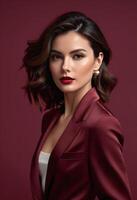 elegante mujer con atractivo maquillaje y peinado posando en un granate chaqueta de sport, Perfecto para belleza, corporativo, o internacional De las mujeres día temas foto