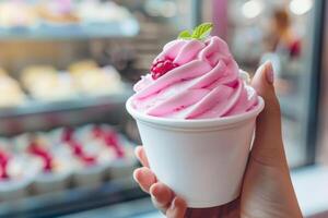 Hand holding a cup of raspberry frozen yogurt garnished with a fresh mint leaf, perfect for summer treats and National Frozen Yogurt Day themes photo