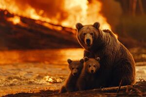 Bear and cubs by a river, seeking refuge from the heat and flames, poignant family moment photo