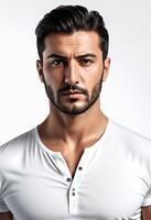 hermoso medio oriental hombre con un barba posando en un blanco camisa, ideal para aseo y Moda relacionado conceptos, con un cabecear a de los hombres salud mes foto