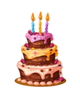 Colorful birthday cake with three lit candles and cherry toppings png
