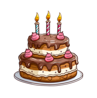 Colorful birthday cake with three lit candles and cherry toppings png