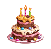 Colorful birthday cake with three lit candles and cherry toppings png