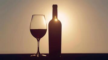 Silhouette of a wine bottle and glass against a bright light, isolated on white photo